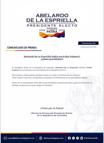 El presidente electo de Colombia Abelardo de La Espriella aseguró que, tras las últimas elecciones en la región, él y la presidenta electa de Perú Keiko Fujimori compartieron la celebración de haber ganado las urnas - crédito @defensoresco/X