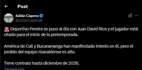 Deportivo Pereira mantendría a una de sus figuras claves para la temporada 2025 - crédito @JulianCaperaB / X