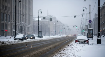 Vista de una calle de ciudad cubierta de nieve, con varios autos parcialmente enterrados a los lados, edificios altos, farolas y un cielo gris.