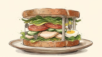 Un sándwich de pan integral con lechuga, tomate, pepino, pollo y huevo contiene columnas y poleas sobre un plato de cerámica.