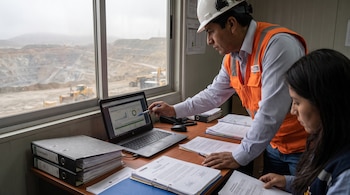 Hombre con casco blanco y chaleco naranja, mujer, ordenador portátil con gráficos, documentos, carpetas, escritorio, ventana y una obra de ingeniería en el exterior.
