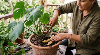 Una persona usa una pala pequeña para colocar cáscaras de plátano en la tierra de una maceta de barro con una planta.