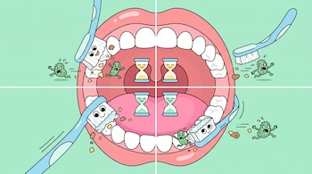 Ilustración de una boca dividida en cuatro cuadrantes con un cepillo de dientes, relojes de arena y bacterias verdes en cada sección.