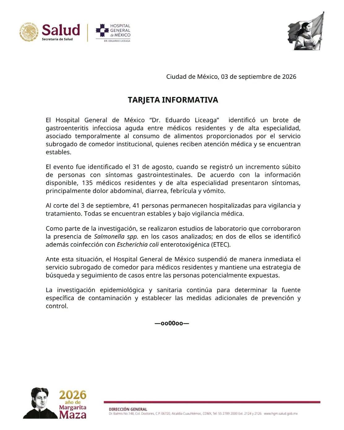 Una tarjeta informativa del Hospital General de México reporta 135 médicos con gastroenteritis por la bacteria Salmonella spp. tras consumir alimentos en el comedor del recinto. ( Hospital General de México