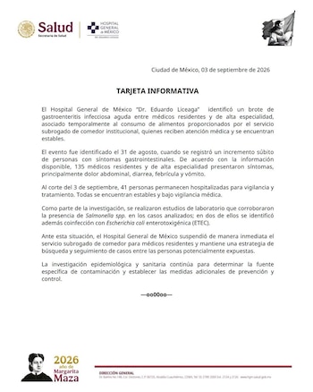 Un documento oficial membretado de la Secretaría de Salud y del Hospital General de México titulado Tarjeta Informativa