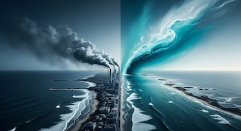 Imagen dividida que muestra a la izquierda una costa con ciudad y fábricas emitiendo humo sobre el mar, y a la derecha una costa inundada con una ola turquesa abstracta.