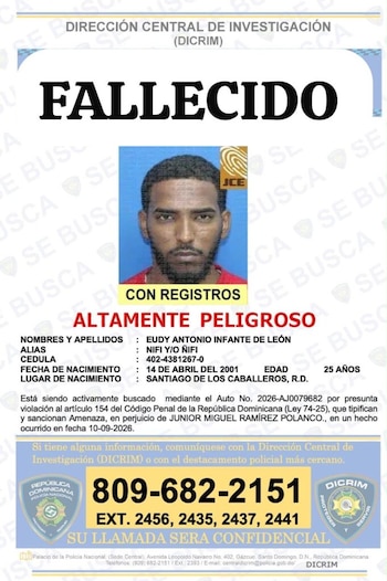 Eudy Antonio Infante de León falleció tras un presunto enfrentamiento con la Policía Nacional en Santiago. (Foto cortesía Dirección Central de Investigación (DICRIM))
