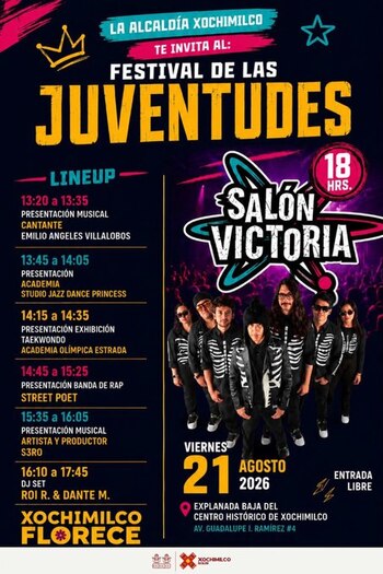 Cartel promocional con la programación de un festival, el nombre del evento y la fotografía de los integrantes de la banda Salón Victoria