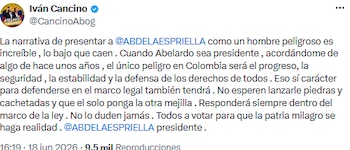 Iván Cancino llamó a votar por Abelardo de la Espriella y destacó su compromiso con la legalidad - crédito @CancinoAbog/X