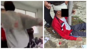 El joven y una chica discuten y pronto se enfrascan en una pelea física posteriormente ella habría llamado a su novio quien llegó al plantel para golpearlo hasta dejarlo inconsciente Fotos: Redes sociales