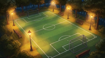 Vista aérea de una cancha de fútbol verde con porterías y líneas blancas, rodeada de árboles, bancos y farolas encendidas en un entorno nocturno ilustrado.