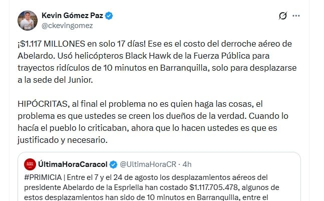 El senador Cristian Kevin Gómez Paz también cuestionó el monto y calificó los desplazamientos como un “derroche aéreo” - crédito @ckevingomez/X