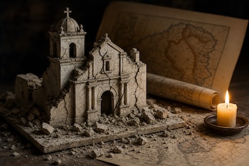 Maqueta de una iglesia colonial con grietas y escombros, junto a una vela encendida y un mapa antiguo desplegado.