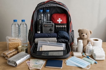 Una mochila abierta sobre una mesa con botellas de agua, un botiquín, una radio, linterna, alimentos, mascarillas y billetes.