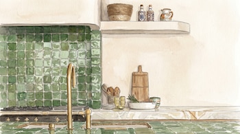 Ilustración en acuarela de una cocina con pared de azulejos verdes, fregadero con grifo dorado, estufa y una repisa con objetos decorativos y una tabla de cortar.