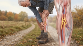 Ilustración de hombre mayor con barba gris y dolor de pantorrilla en camino arbolado. Sección de pierna muestra arteria con placa y flujo sanguíneo.