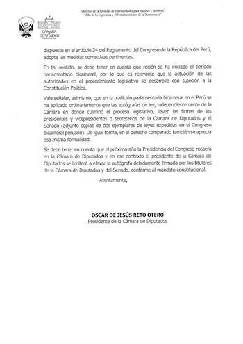 Documento membretado de la Cámara de Diputados del Congreso del Perú con párrafos impresos y la firma de Oscar de Jesús Reto Otero