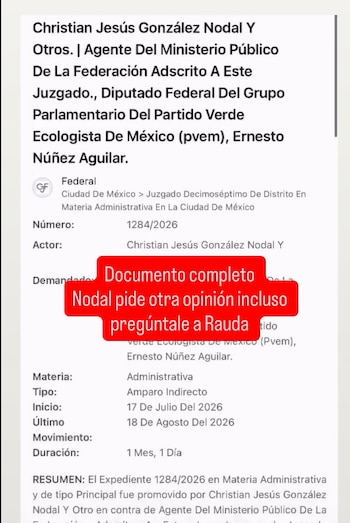 Captura del expediente 1284/2026, en el que Christian Nodal figura como actor de un amparo indirecto contra la promoción de la Ley Cazzu, difundido por la abogada Marcela Torres. (Captura de pantalla)