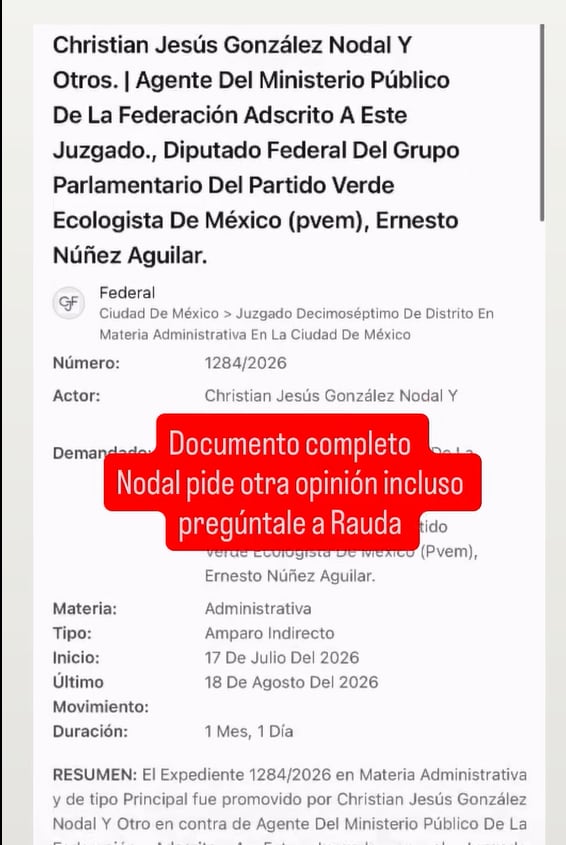 Captura del expediente 1284/2026, en el que Christian Nodal figura como actor de un amparo indirecto contra la promoción de la Ley Cazzu, difundido por la abogada Marcela Torres. (Captura de pantalla)