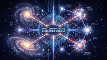 Ilustración de una red neuronal conceptual analizando explosiones estelares. Líneas digitales conectan galaxias y estrellas brillantes en el espacio oscuro.