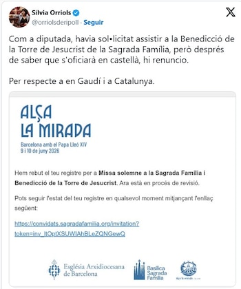 Captura de pantalla del mensaje publicado en X por Silvia Orriols.