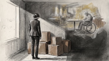 Dibujo de una mujer de espaldas frente a cajas de cartón y un hombre en silla de ruedas sentado ante una mesa en un restaurante.