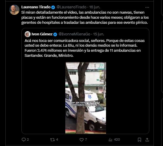 A través de su cuenta de X, Tirado manifestó que “si miran detalladamente, las ambulancias no son nuevas, tienen placas y están en funcionamiento desde hace varios meses; obligaron a los gerentes de hospitales a trasladar las ambulancias para ese evento pírrico”. - crédito @LaureanoTirado/X