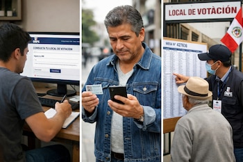 Composición de tres paneles: un joven en PC, un hombre con DNI y móvil en calle, y un anciano con asistente de ONPE en cartel de votación.