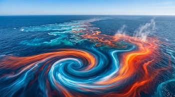 Vista aérea de un remolino en el océano formado por líneas de color azul y naranja que se entrecruzan.