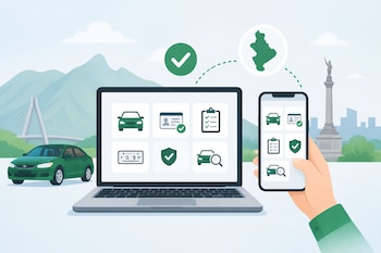 Una computadora y un teléfono inteligente muestran iconos de trámites vehiculares junto a un automóvil verde y un mapa.