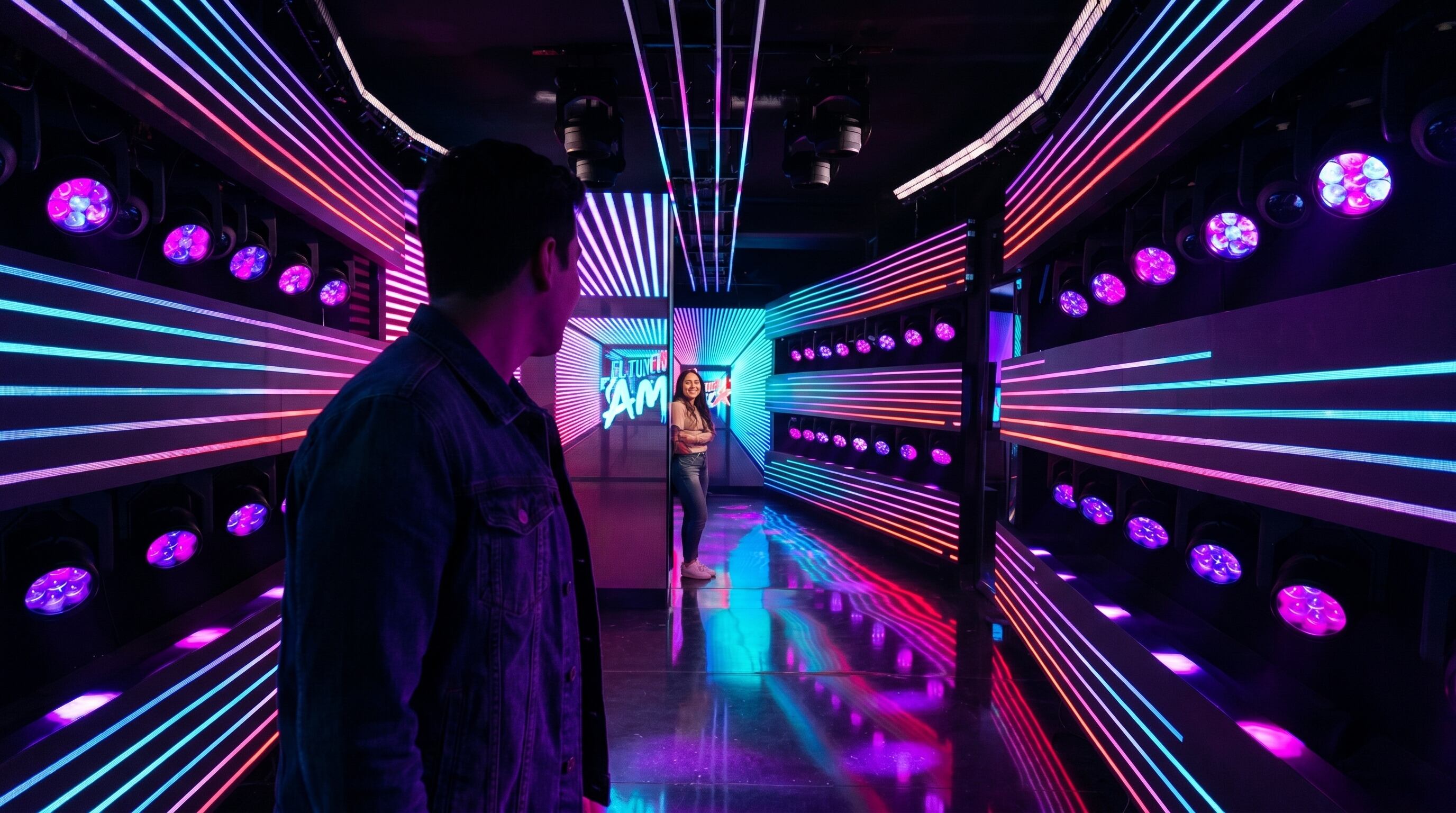 Una persona observa a otra a lo lejos en un túnel futurista, donde luces de neón crean una atmósfera vibrante y romántica para los enamorados. (Imagen Ilustrativa Infobae)