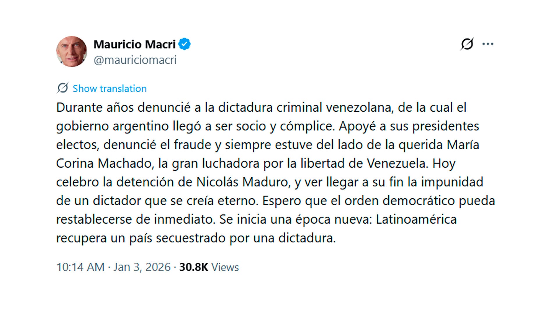 El expresidente Mauricio Macri destacó la detención de Maduro.