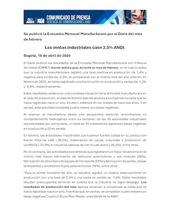 La Andi mostró preocupación porque la industria registró un relativo estancamiento en producción con una tasa de 0,5% y una caída en ventas de -1,6% - crédito Andi