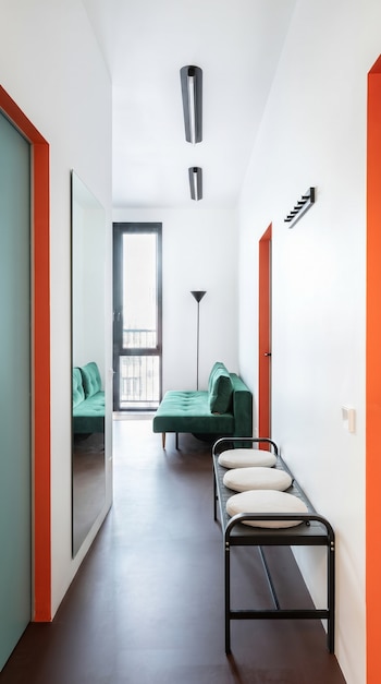 Vista de un pasillo largo y estrecho con paredes blancas, un banco negro con cojines claros, y detalles naranjas, que lleva a un sofá verde y una ventana.