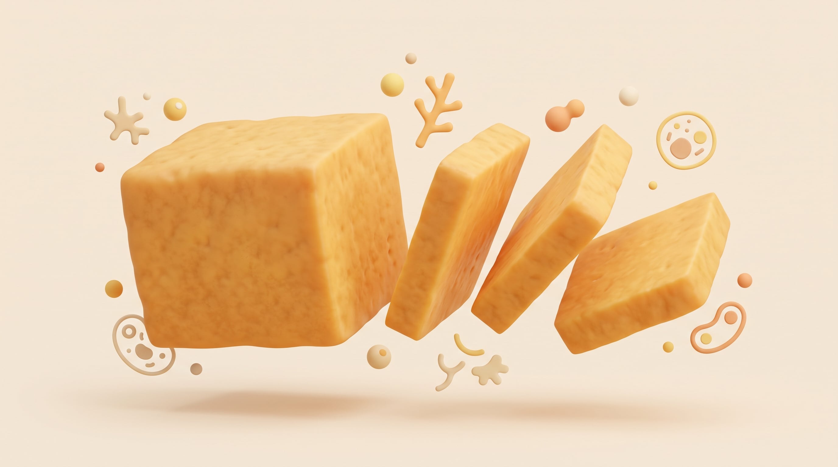 Un bloque y tres rebanadas de queso cheddar flotan en el aire junto con formas gráficas de microorganismos sobre un fondo beige. (Imagen Ilustrativa Infobae)