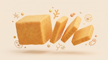 Bloque de queso cheddar y tres rebanadas suspendidas junto a figuras estilizadas de microorganismos sobre un fondo beige claro.