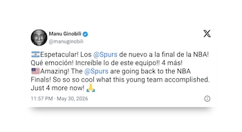 Captura de pantalla de un tuit de Manu Ginobili en X, donde celebra con texto en español e inglés y emojis el pase de los Spurs a la final de la NBA