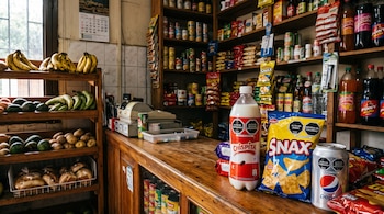 Paquetes de frituras y bebidas con sellos de advertencia sobre un mostrador de madera frente a estantes con víveres y frutas.