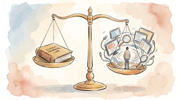 Una balanza con un libro en un plato y, en el otro plato inclinado, pantallas, lupas, cables y una figura humana.