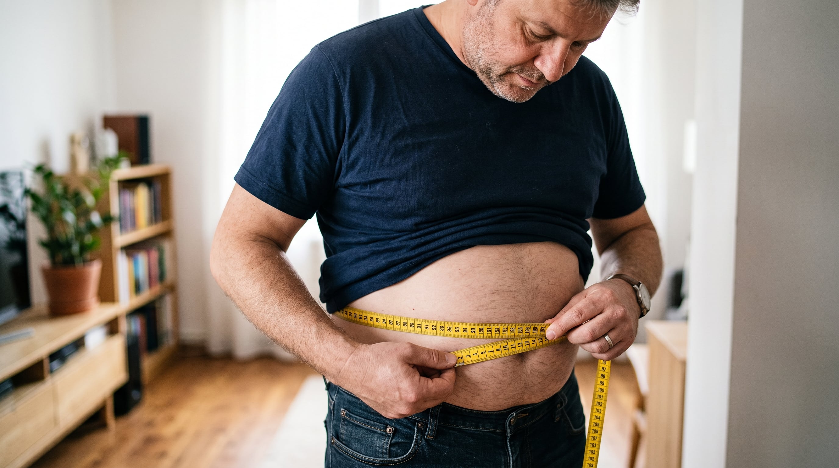 Un hombre utiliza una cinta métrica amarilla para medir la circunferencia de su abdomen en el interior de una vivienda. (Imagen Ilustrativa Infobae)