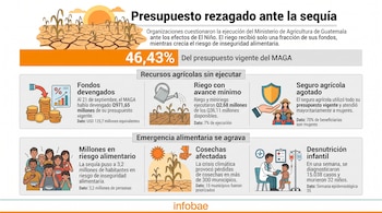 Infografía con datos sobre la ejecución del presupuesto del Ministerio de Agricultura de Guatemala y el impacto de la sequía.