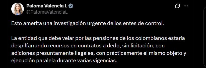 Paloma Valencia concluyó su denuncia solicitando a la Procuraduría General de la Nación y la Contraloría General de la República investigar con urgencia estos contratos - crédito @PalomaValenciaL/X
