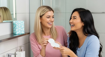 Dos mujeres riendo, una rubia y otra morena, se miran en un baño. La mujer rubia sostiene una toalla higiénica, que ambas observan. Al fondo, un paquete de toallas.