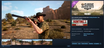 Captura de pantalla de una tienda digital con la imagen de un cazador apuntando un rifle en un desierto, textos informativos y miniaturas