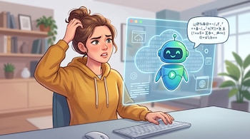 Ilustración de una mujer frente a un teclado que se rasca la cabeza al mirar un robot digital en una pantalla con símbolos.