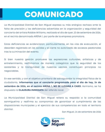 Municipalidad de San Miguel cancela concierto de Robbie Williams