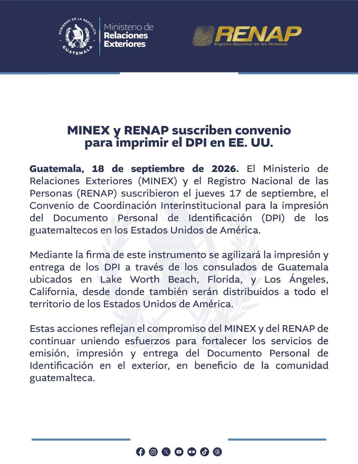El Ministerio de Relaciones Exteriores y el RENAP suscribieron un acuerdo que permitirá la impresión del Documento Personal de Identificación en consulados de Guatemala en Estados Unidos. (Ministerio de Relaciones Exteriores)