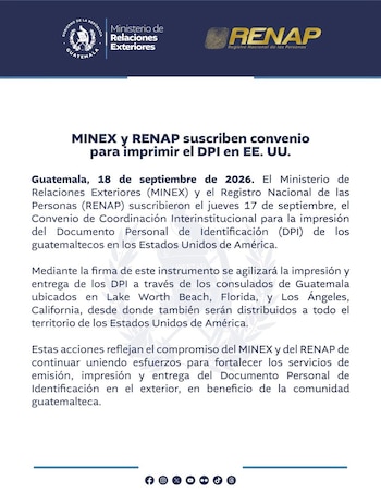 Comunicado de prensa del MINEX y del RENAP sobre un acuerdo para imprimir el Documento Personal de Identificación en Estados Unidos