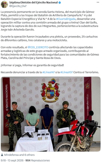 Operativo en Santa Helena dejó dos detenidos y armas incautadas al Clan del Golfo - crédito @Ejercito_Div7/X