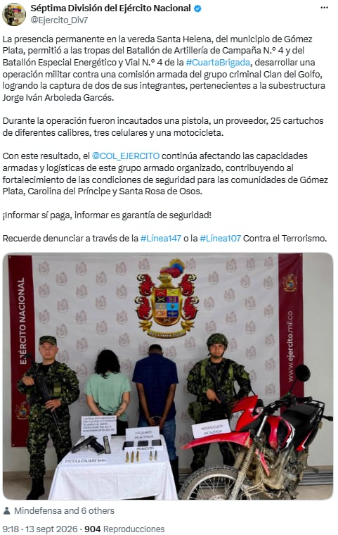 Operativo en Santa Helena dejó dos detenidos y armas incautadas al Clan del Golfo - crédito @Ejercito_Div7/X